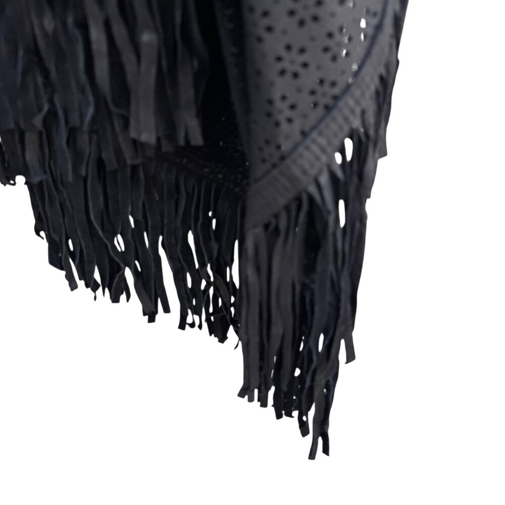 Suzanne Somers Vintage Boho Western Laser Cut Leather Fringed Poncho Wrap OS - Picture 8 of 10
